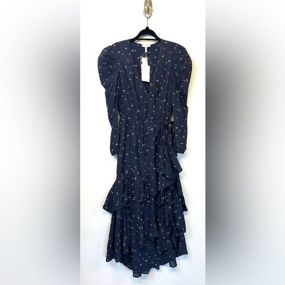NWT Joie Miralay Ruffled Wrap Dress Size XS Navy Blue Firefly Puff Sleeve Midi - Picture 3 of 9